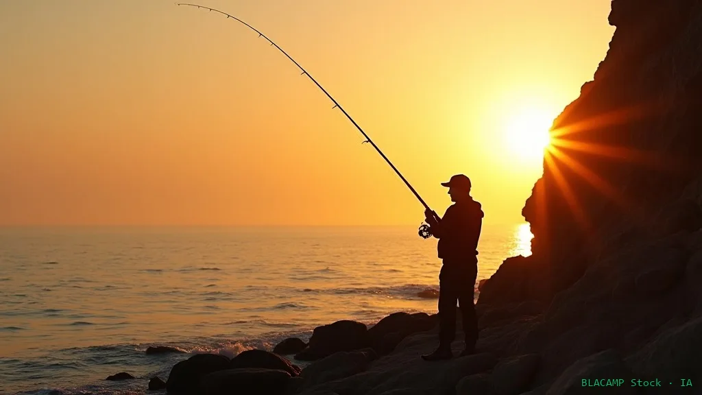 Pescador lanzando la caña desde la costa al amanecer
