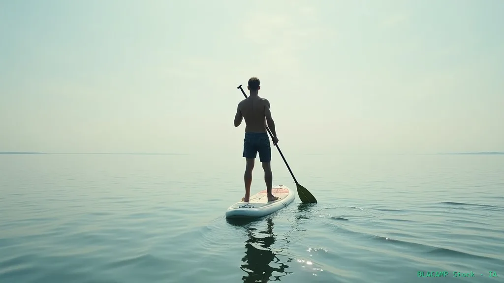 Remero de SUP mirando al horizonte con rodillas flexionadas
