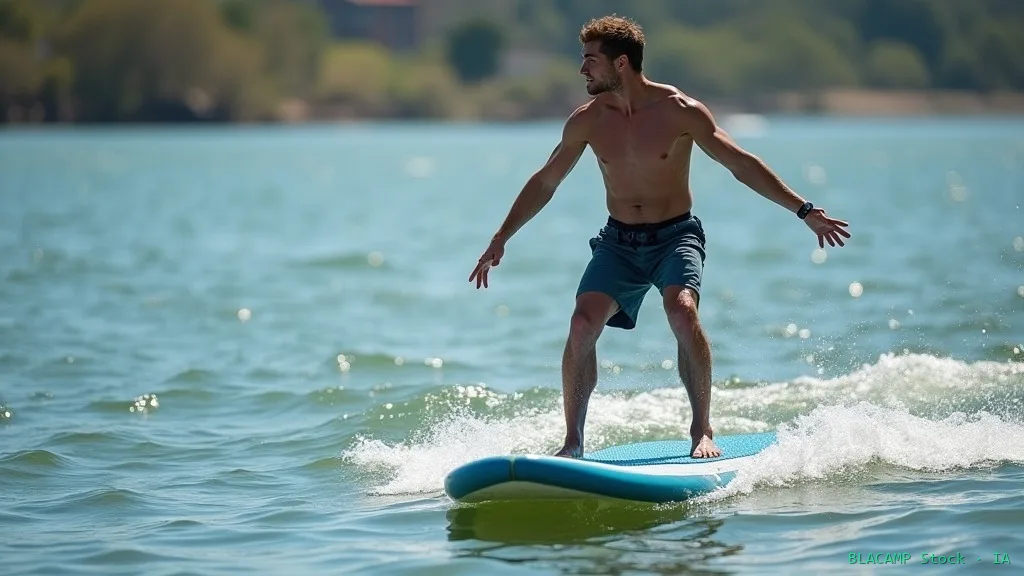 Principiante ajustando equilibrio con brazos extendidos en SUP