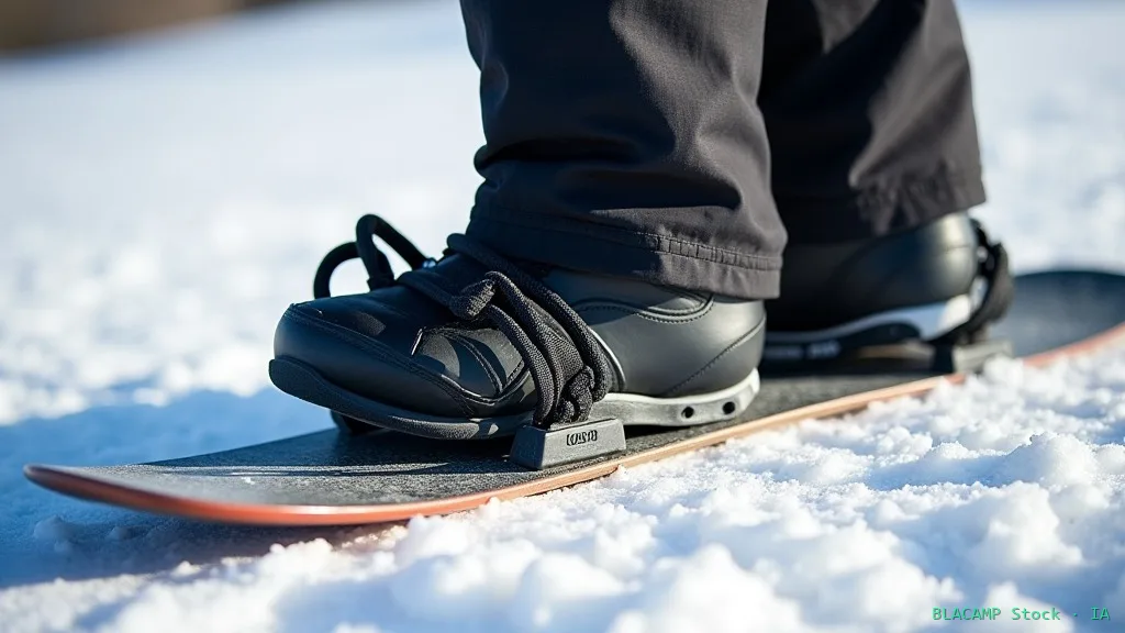 Detalle de fijación de snowboard tipo strap con bota sujeta