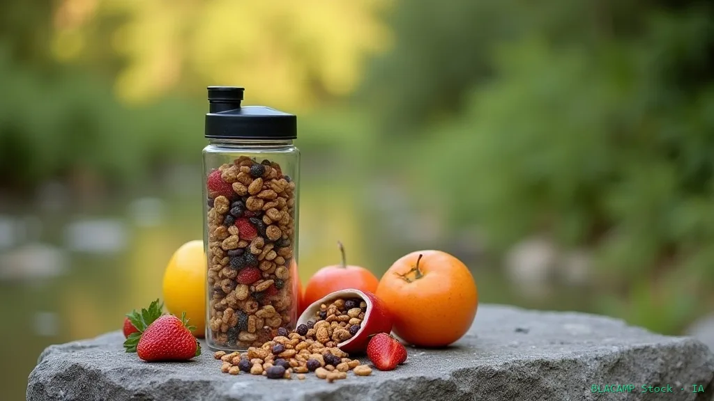 Frutos secos, fruta y una botella de agua sobre una roca en plena naturaleza