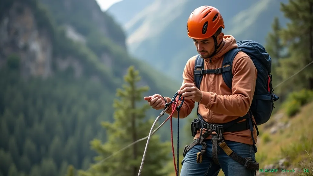 Principiante practicando técnica de enganche antes de vía ferrata