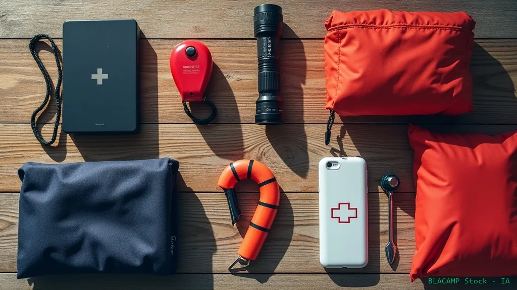 Kit de seguridad recomendado organizado sobre cubierta de un velero