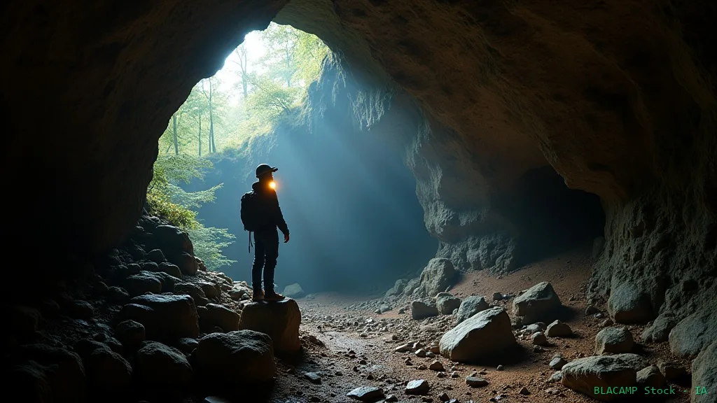 Principiante con casco y frontal explorando galería de cueva
