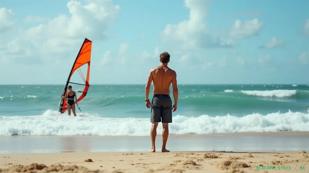 Windsurfista observando condiciones de viento antes de entrar al agua