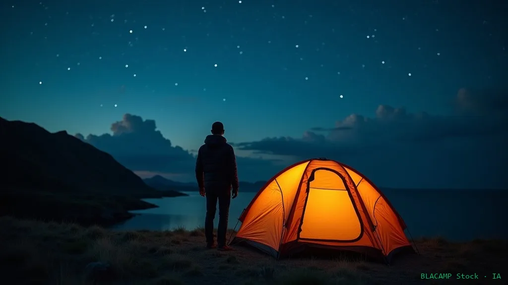 Persona junto a tienda de acampada libre al anochecer con estrellas