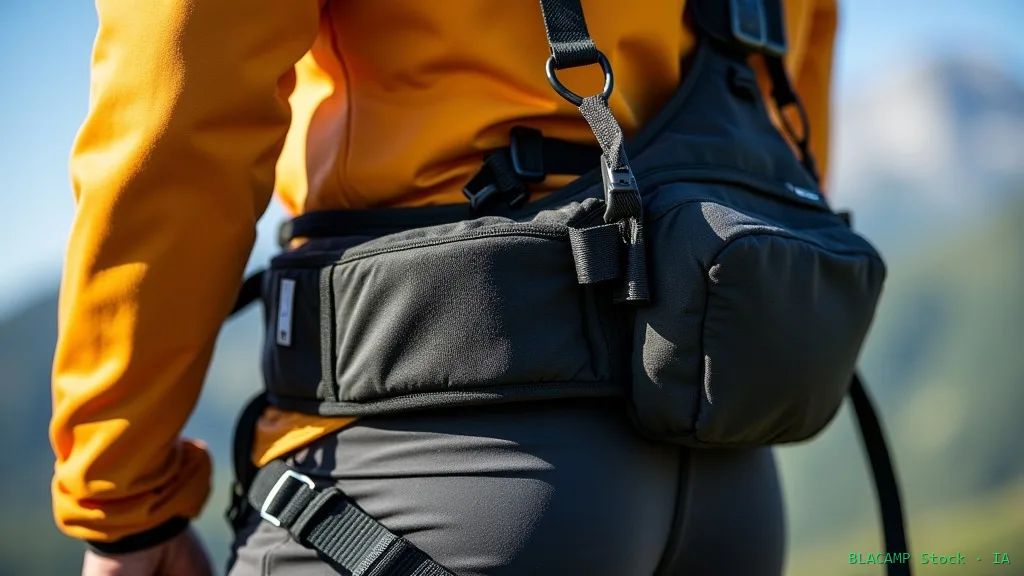 Detalle de arnés de parapente con protector de aterrizaje integrado