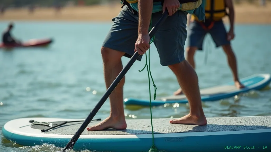 Remero de SUP con leash y chaleco salvavidas antes de entrar al agua