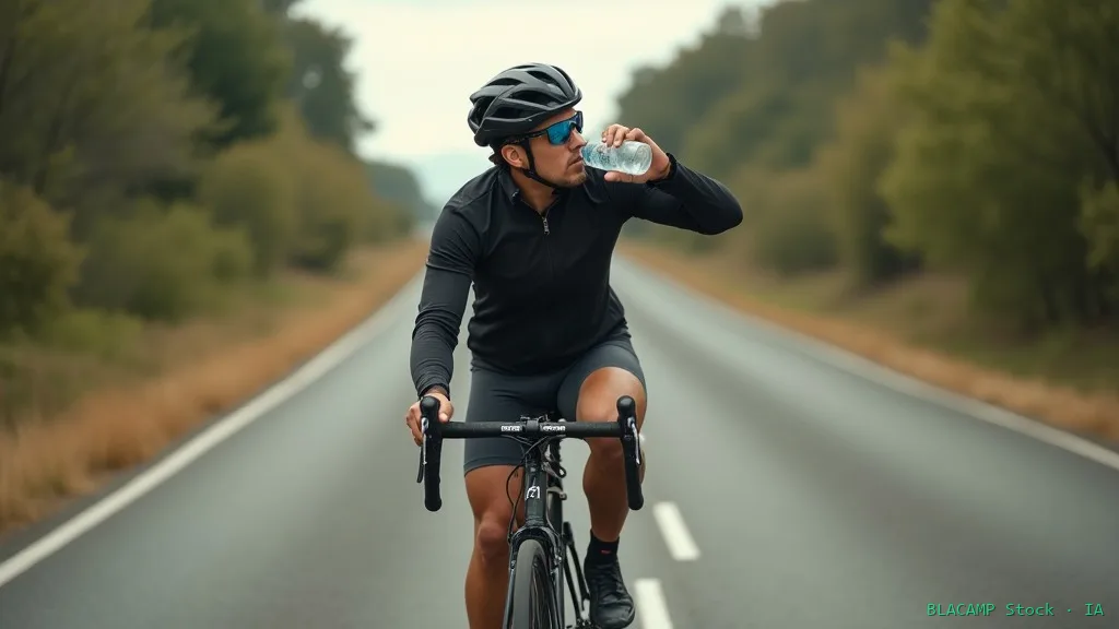 Ciclista bebiendo de bidón mientras rueda en carretera