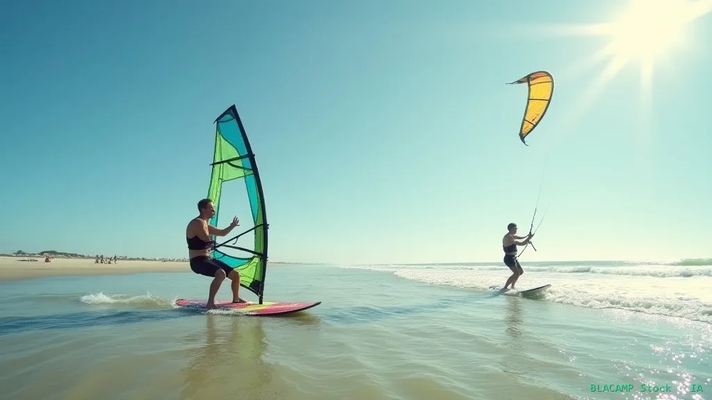 Comparativa visual entre windsurf y kitesurf en la misma playa