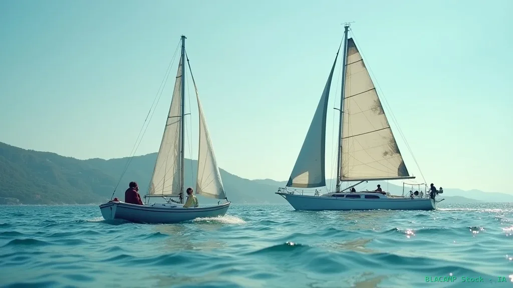 Vela ligera navegando cerca de la costa junto a un velero de crucero