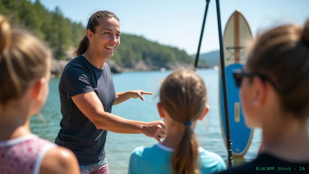 Instructor explicando vocabulario básico de SUP antes de entrar al agua
