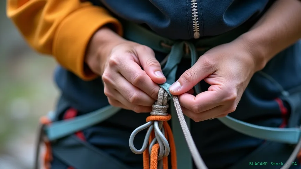 Revisando costuras de disipador de vía ferrata antes de usar