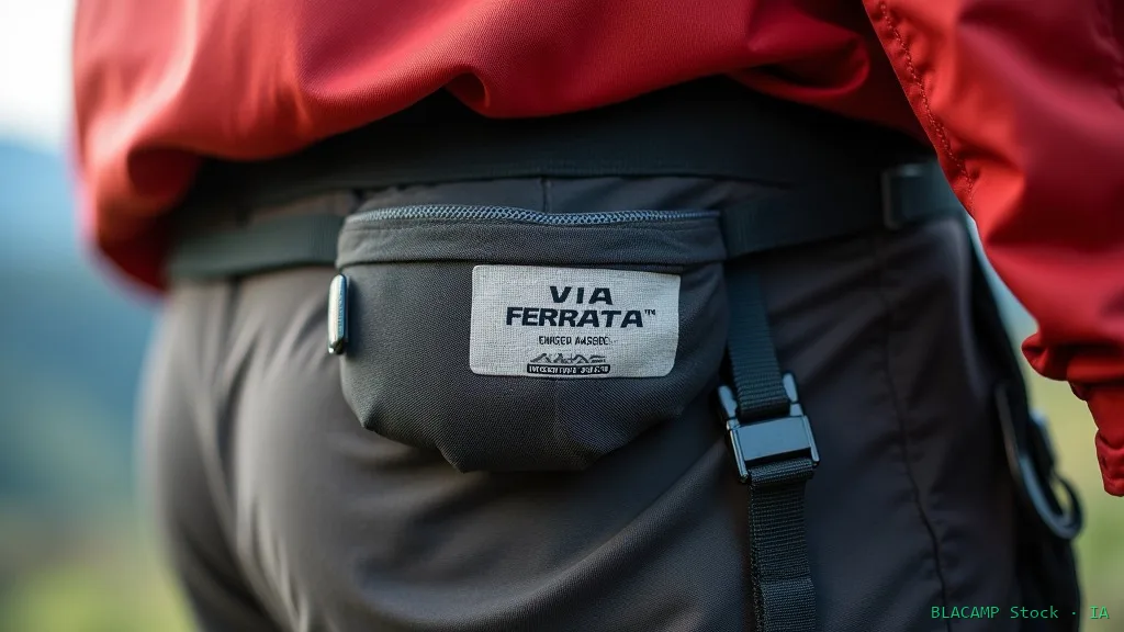 Disipador de vía ferrata mostrando etiqueta de fabricación