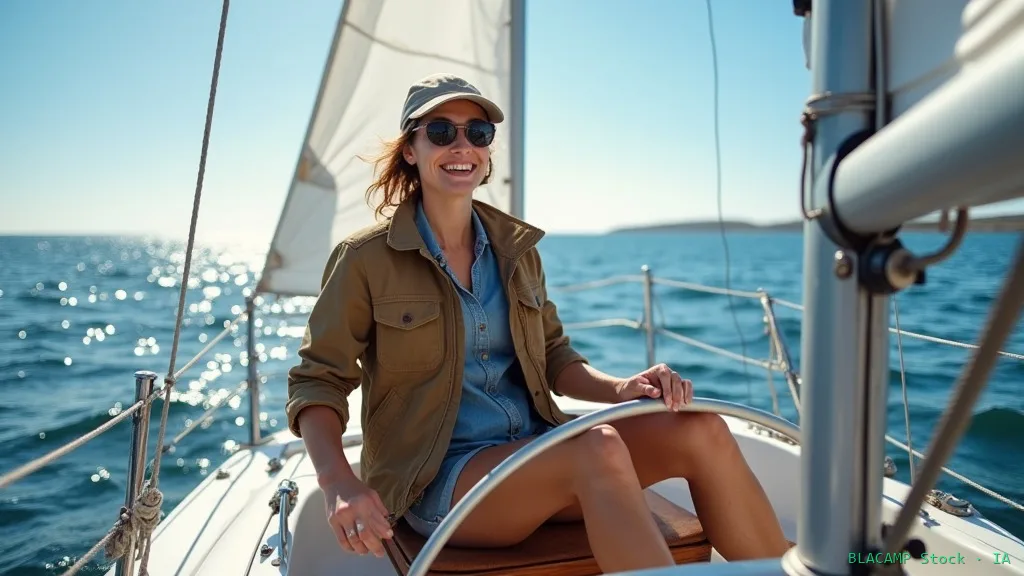 Primera salida en velero de un principiante sonriendo al timón