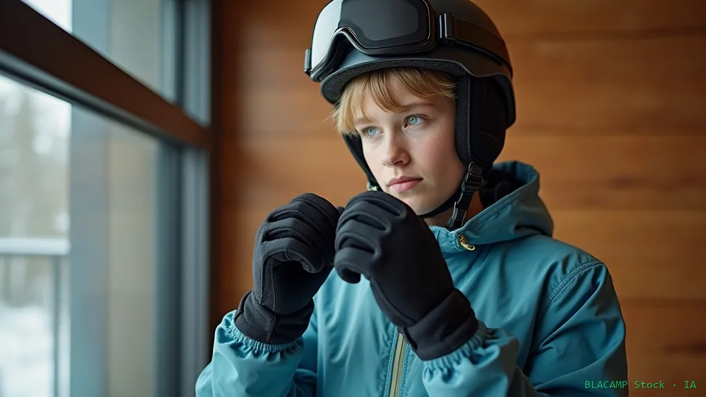 Principiante equipándose con muñequeras y casco antes de snowboard