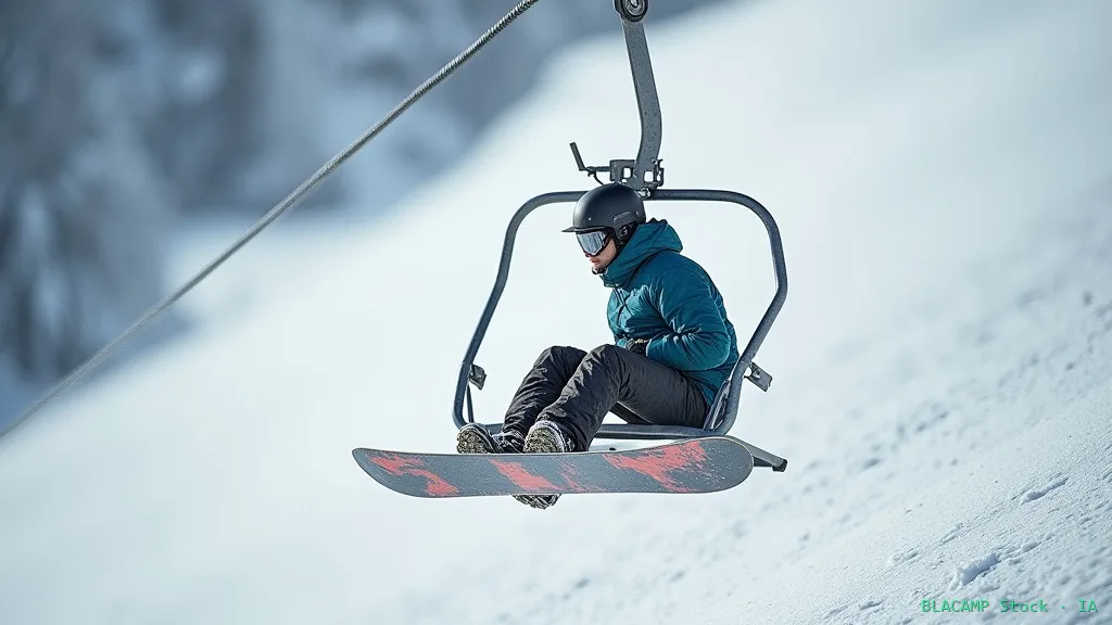 Snowboarder subiendo a telesilla con pie trasero desenganchado