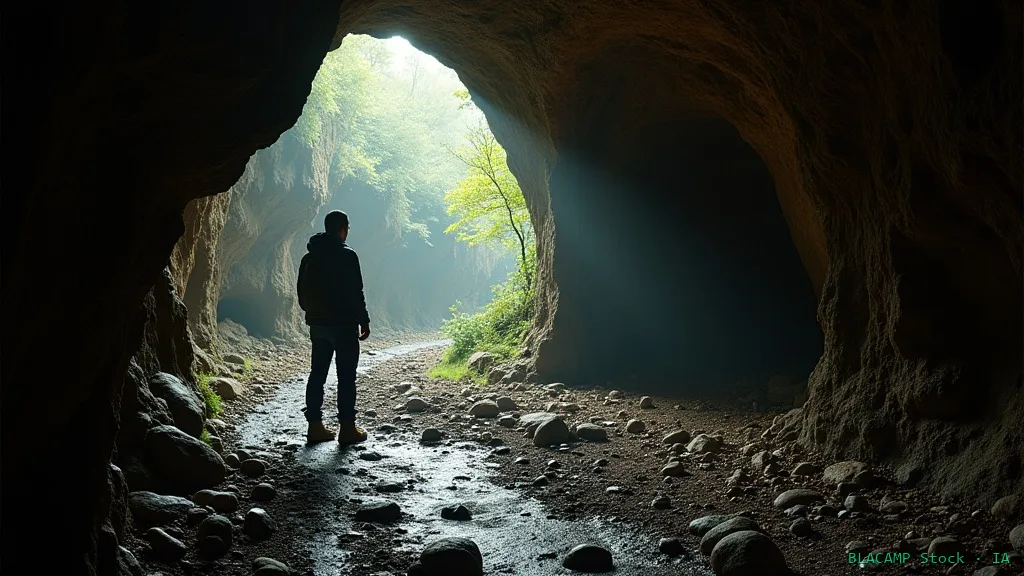 Gatera estrecha en cueva contrastando con galería amplia