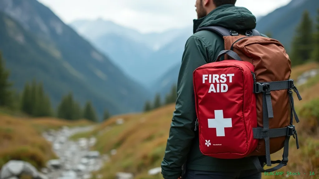Botiquín de primeros auxilios abierto sobre una mochila en un entorno de montaña