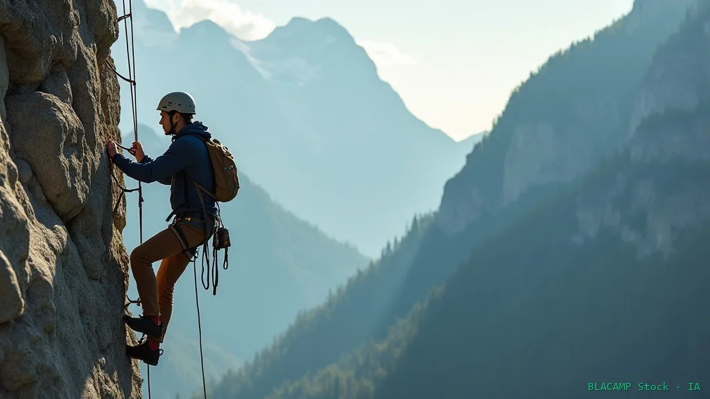 Principiante avanzando por vía ferrata enganchado al cable