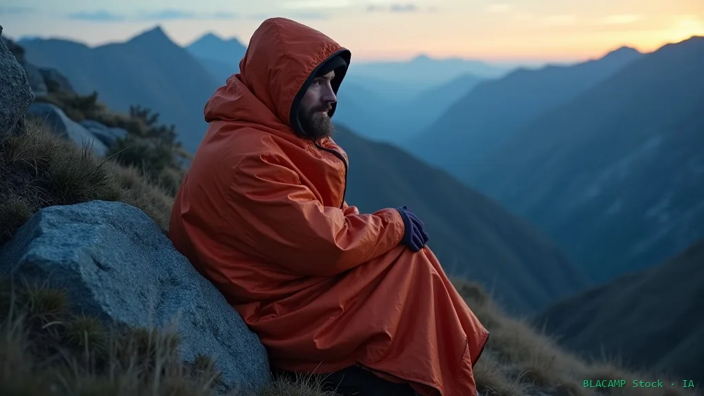 Persona con manta térmica refugiada junto a una roca en la montaña al atardecer