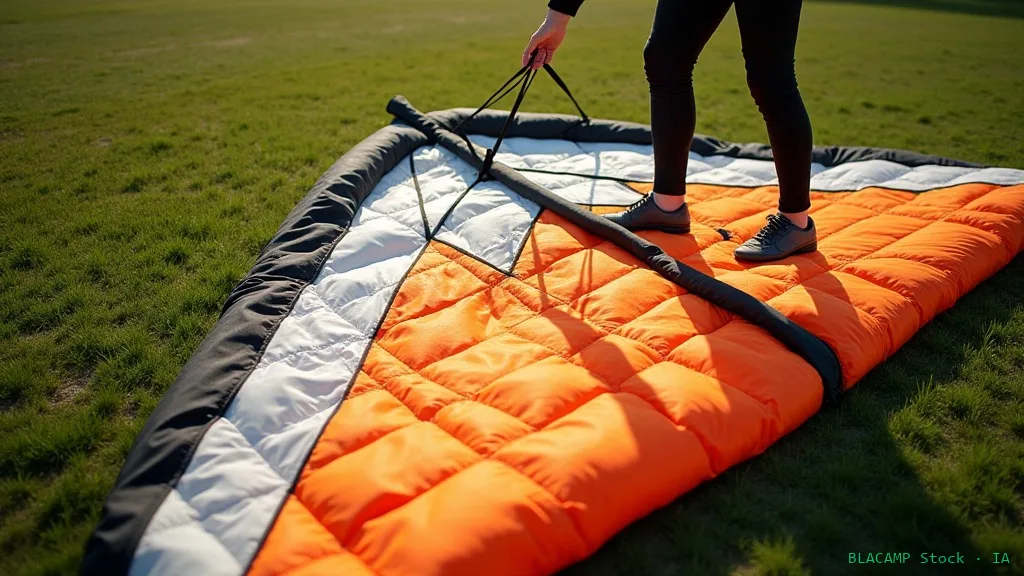 Revisión de una vela de parapente extendida sobre hierba