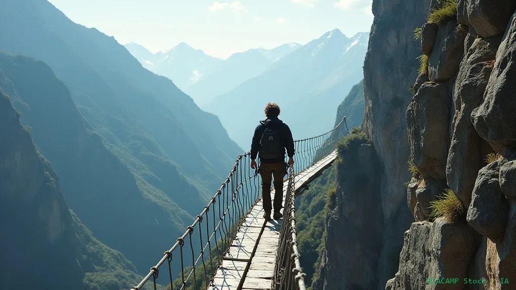 Persona cruzando un puente tibetano en vía ferrata