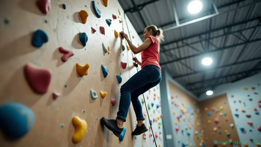 Primera clase de escalada en rocódromo con instructor asegurando