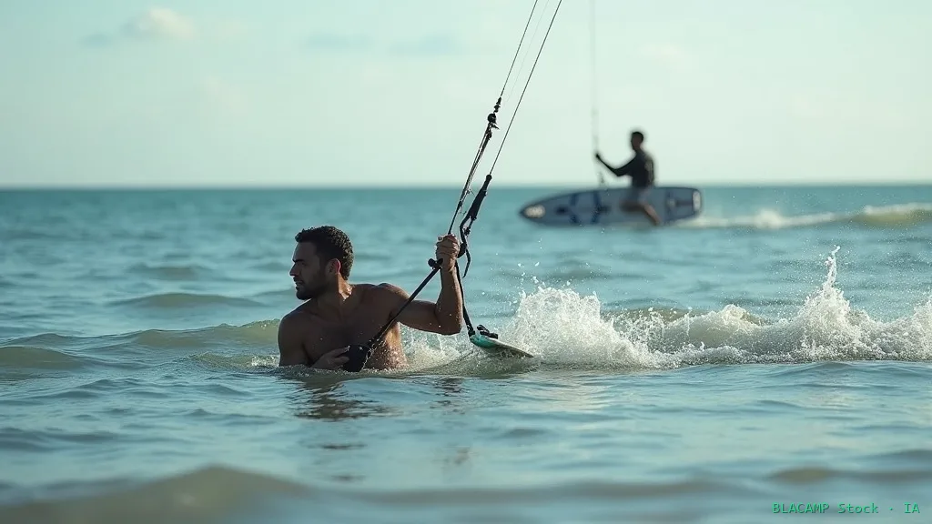 Kitesurfista nadando de vuelta remolcando la tabla sin viento