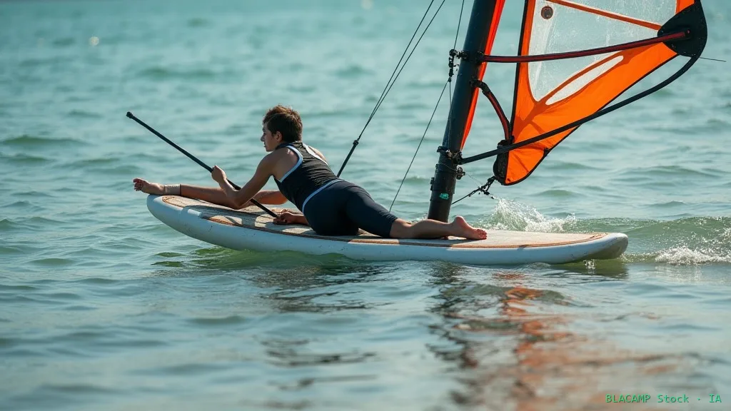 Windsurfista remando de vuelta a la orilla sin viento