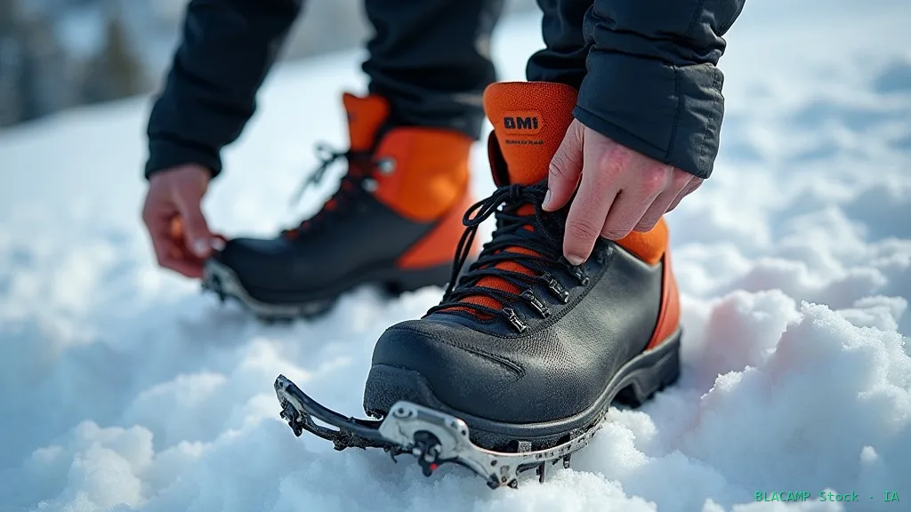 Persona ajustando crampones a botas de alpinismo