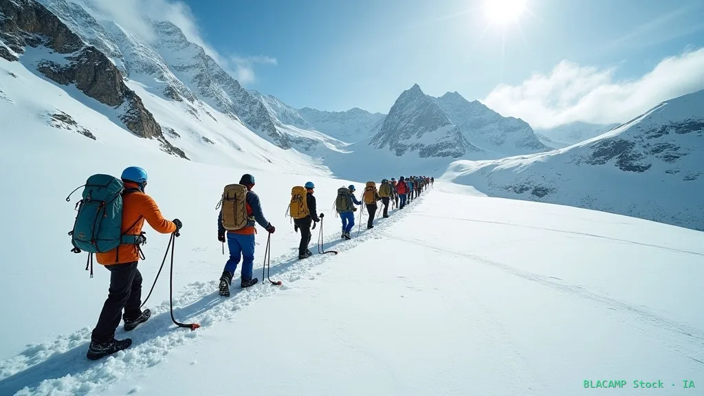 Grupo de alpinistas progresando encordados por un glaciar