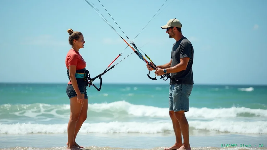 Instructor guiando control de cometa en primera clase de kitesurf