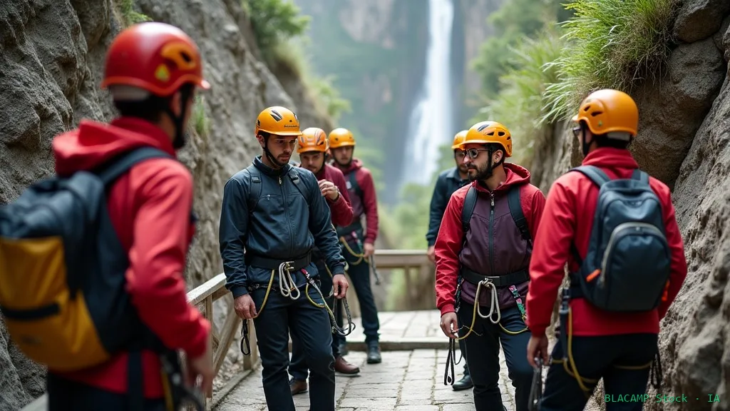 Grupo esperando turno ordenadamente en vía ferrata