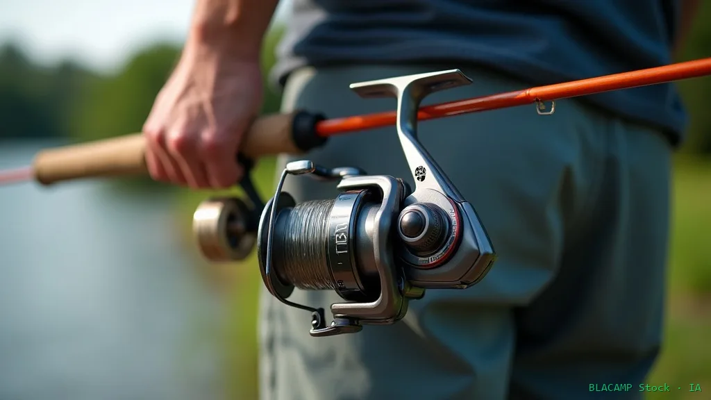 Detalle de carrete de pesca montado con sedal