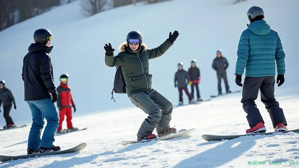 Instructor mostrando técnica de caída con antebrazos en snowboard