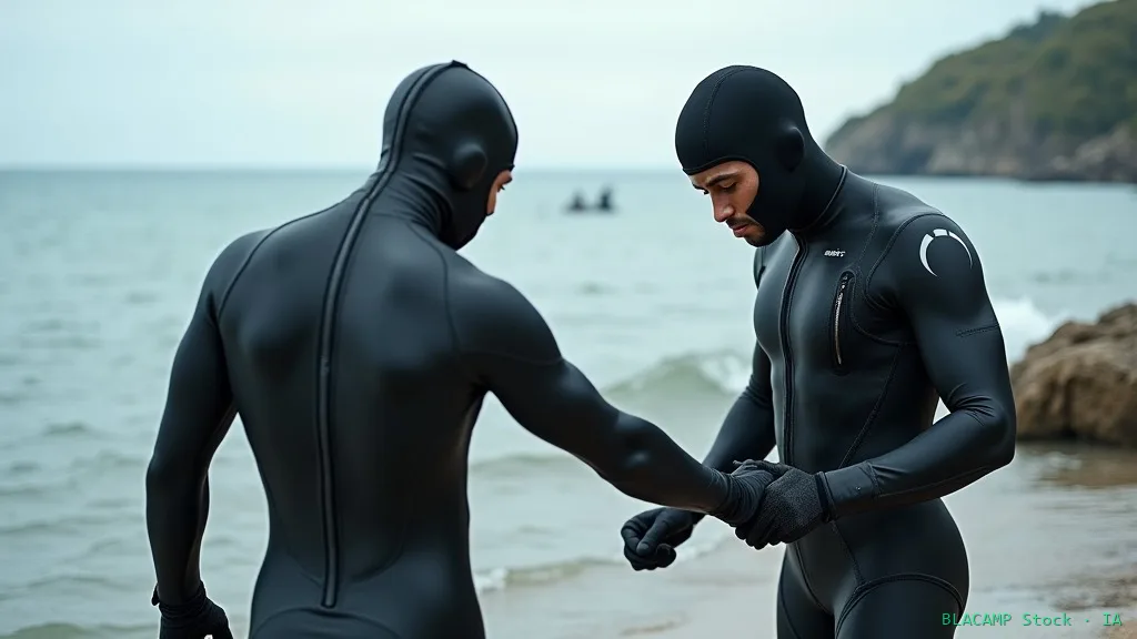 Buceador ajustando su traje de neopreno antes de entrar al mar