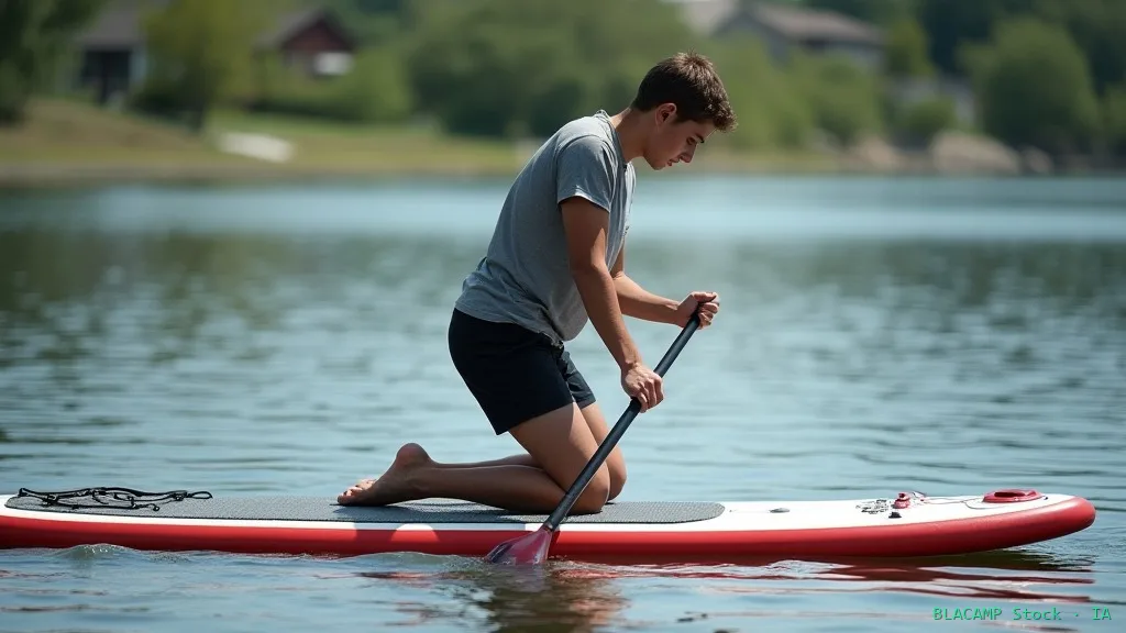 Principiante de rodillas practicando equilibrio en tabla de SUP