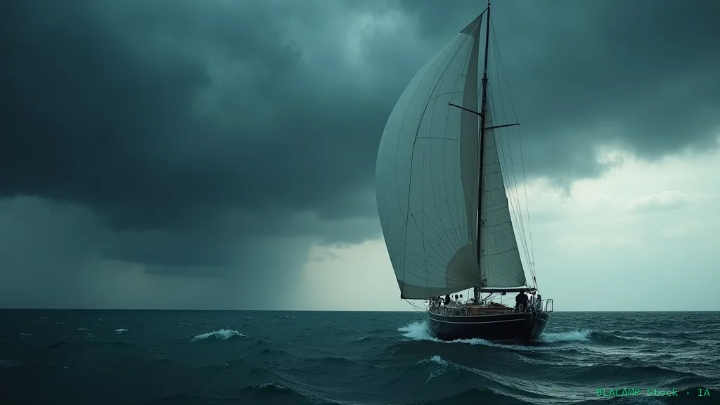 Velero navegando con vela reducida ante una tormenta