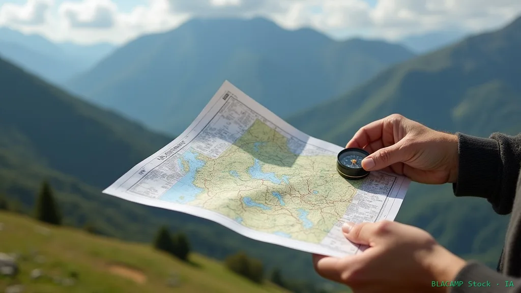 Manos sosteniendo un mapa topográfico y una brújula sobre un paisaje de montaña