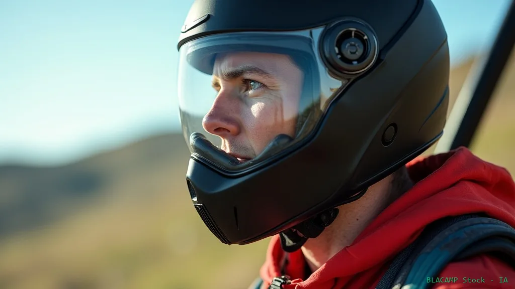 Detalle de casco integral de ala delta con protección de mandíbula