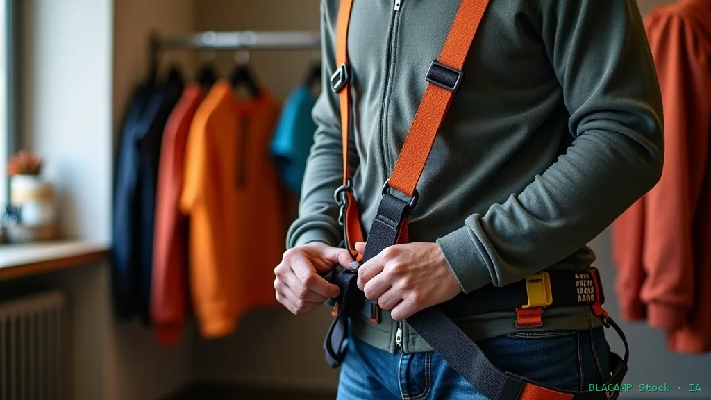 Persona probando arnés de vía ferrata en tienda