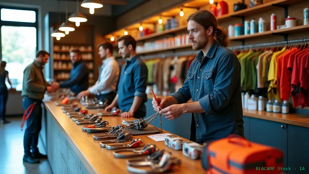 Mostrador de tienda con kits de vía ferrata de alquiler