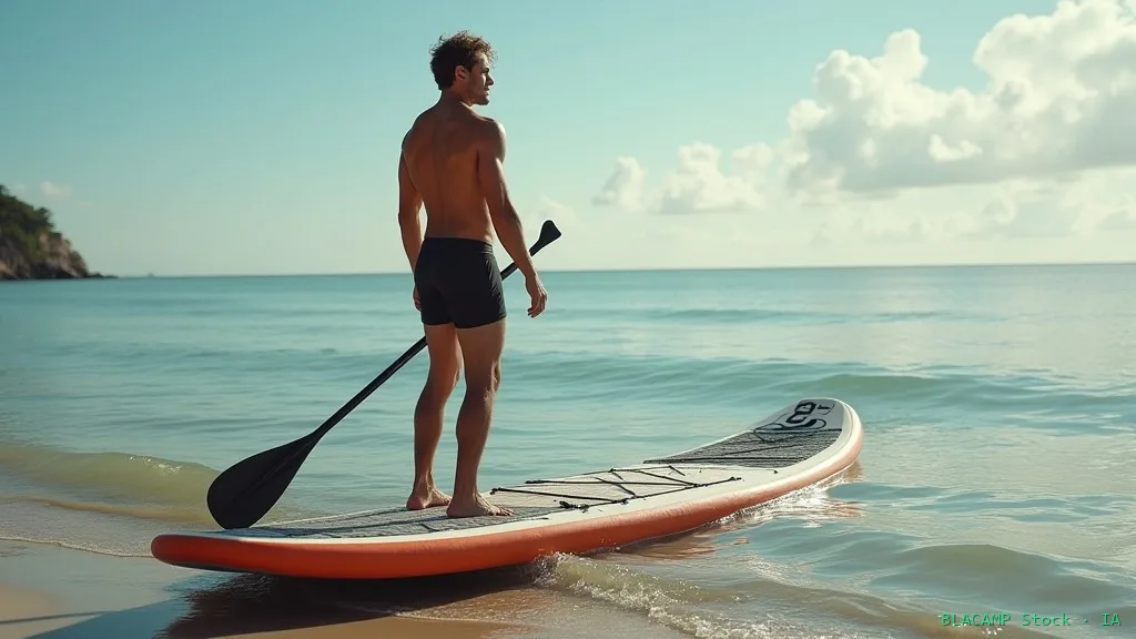 Tabla de SUP ancha y estable junto al remo en la orilla