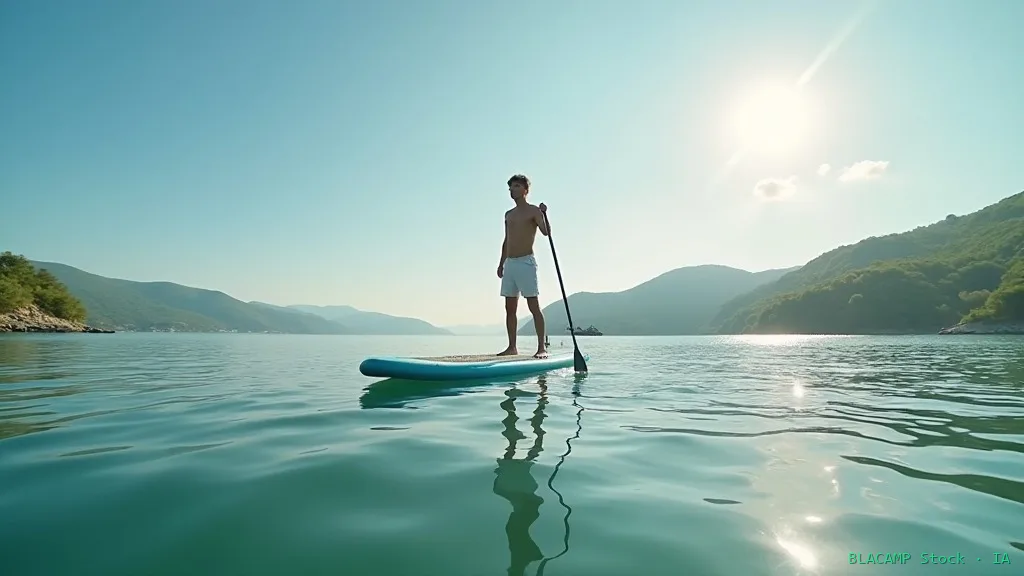 Principiante de pie sobre tabla de paddle surf en aguas tranquilas