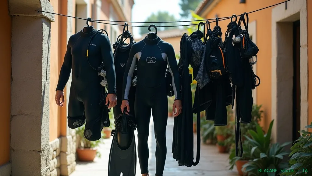 Equipo de buceo secándose tras el enjuague con agua dulce