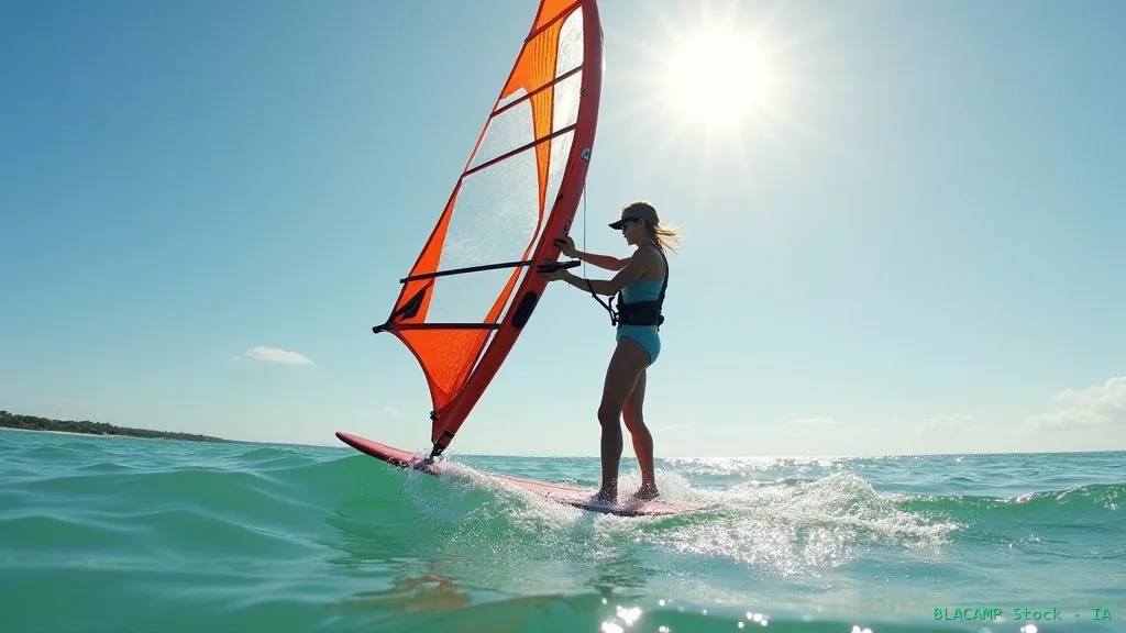 Principiante sujetando la botavara con la vela izada en windsurf