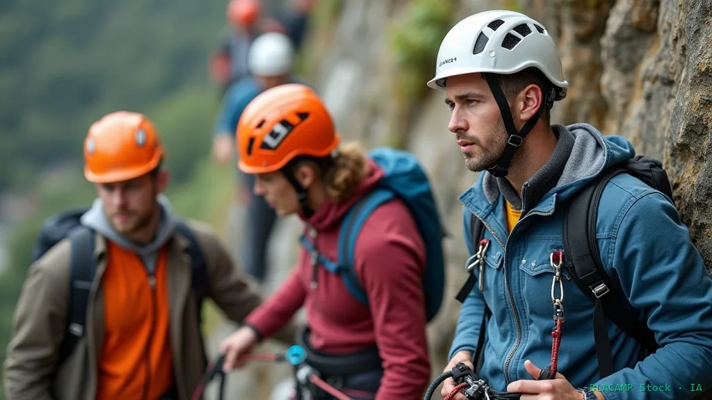 Grupo en vía ferrata con casco puesto en distintas alturas del recorrido