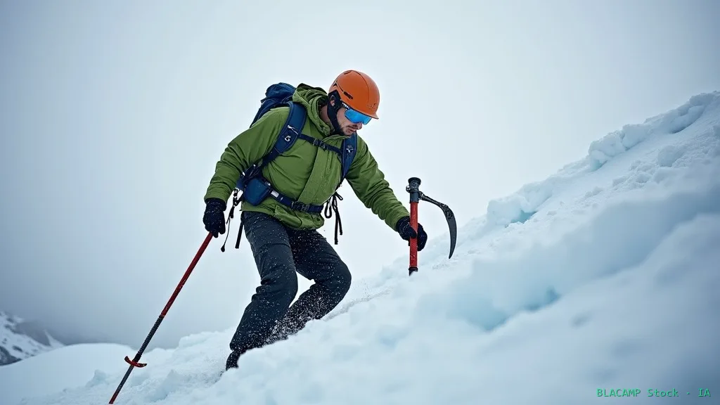 Alpinista sujetando piolet correctamente en pendiente de nieve